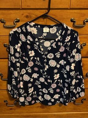 croft & barrow Navy Floral Button-Front Peasant Blouse
